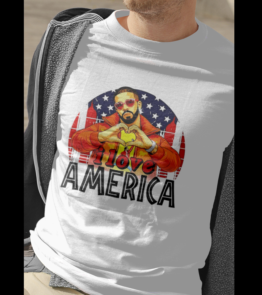 Drake I Love America Flag Heart Gesture Red Jacket Sunglasses T-Shirt