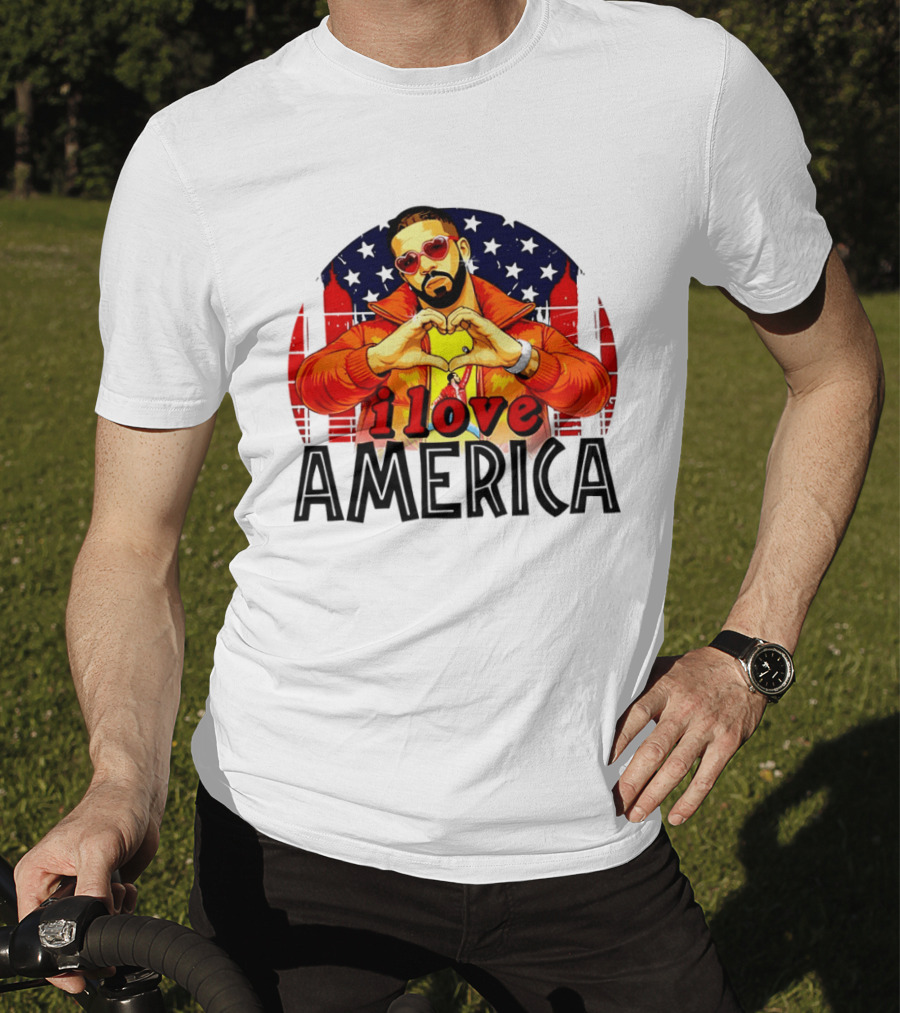 Drake I Love America Flag Heart Gesture Red Jacket Sunglasses T-Shirt
