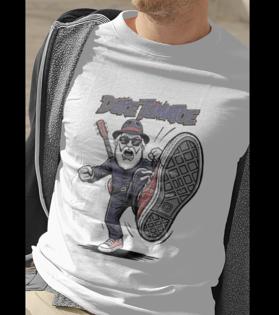 Duke Tumatoe Character Kicking Action In Blue Outfit And Red Shoes T-Shirt