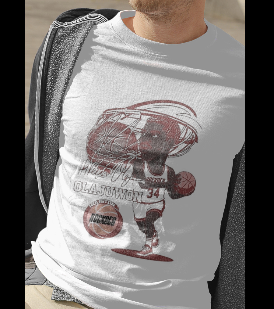 Houston Rockets Hardwood Classics Hakeem Olajuwon Number 34 Caricature T-Shirt