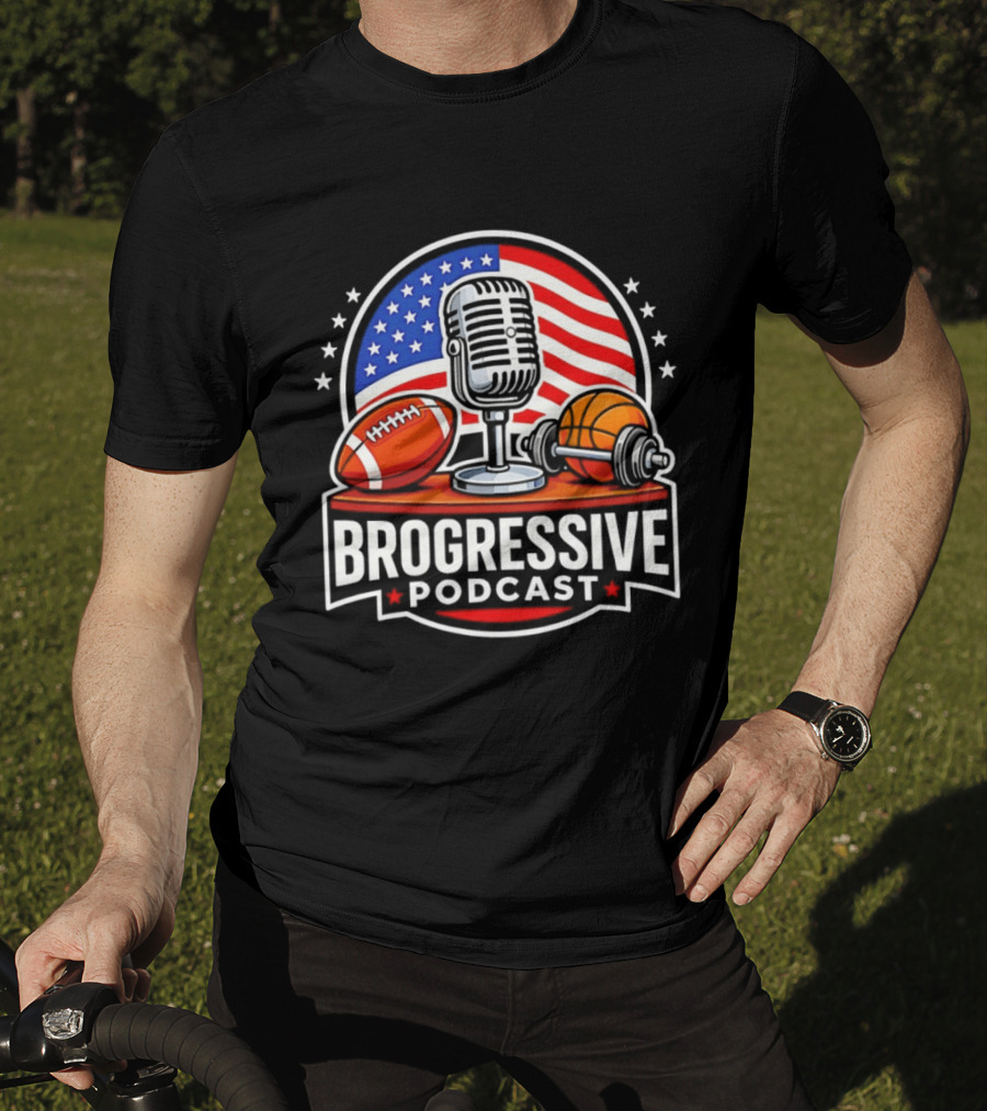 Brogressive Podcast American Flag Microphone Football Dumbbell Stars T-Shirt