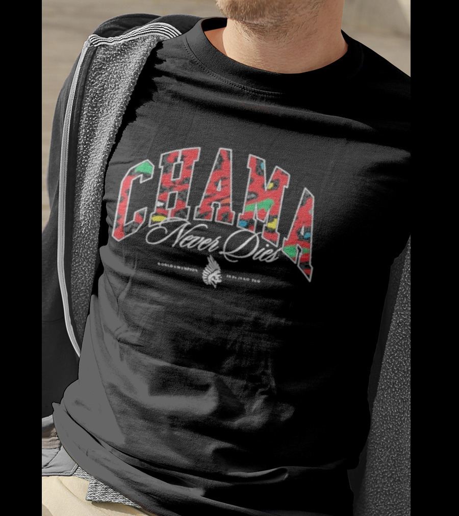 Chama Never Dies Midweight Varsity Style Colorful Lettering T-Shirt