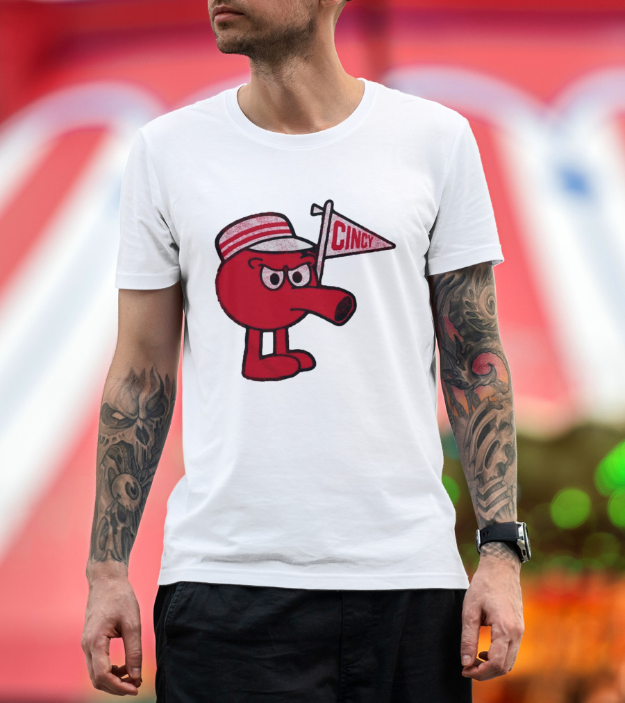 Cincy Redbert Cartoon Character With Striped Hat And Flag T-Shirt