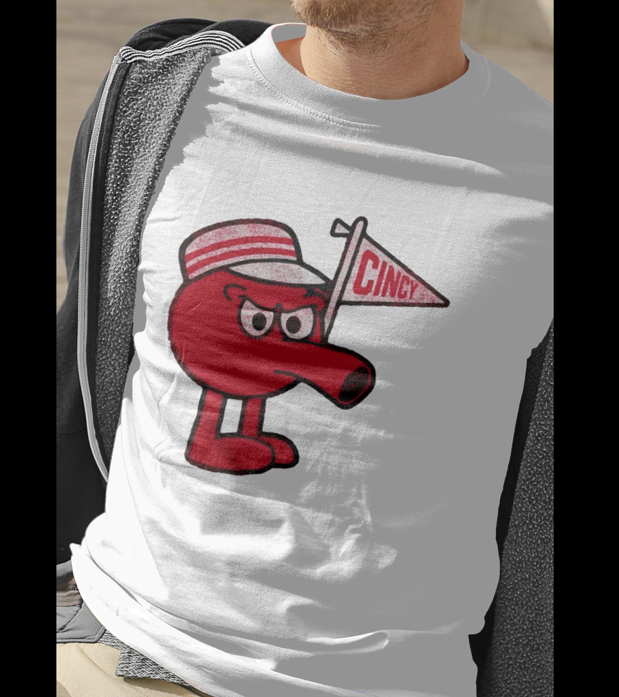 Cincy Redbert Cartoon Character With Striped Hat And Flag T-Shirt