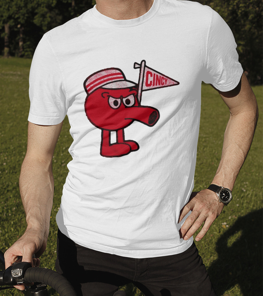 Cincy Redbert Cartoon Character With Striped Hat And Flag T-Shirt