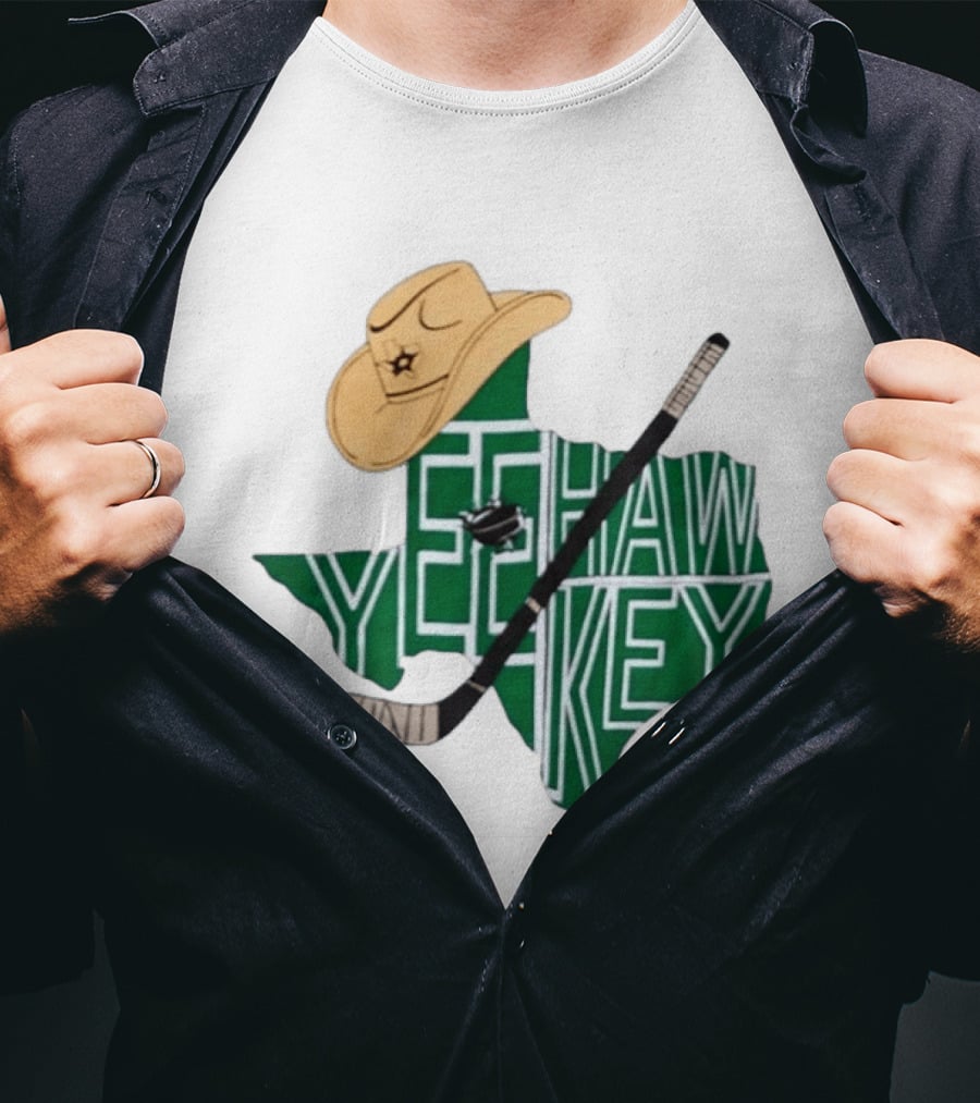 Texas Hockey Yeehaw Stars Cowboy Hat Hockey Stick 2026 Casey DeSmith Jake Oettinger Appreciation Night T-Shirt