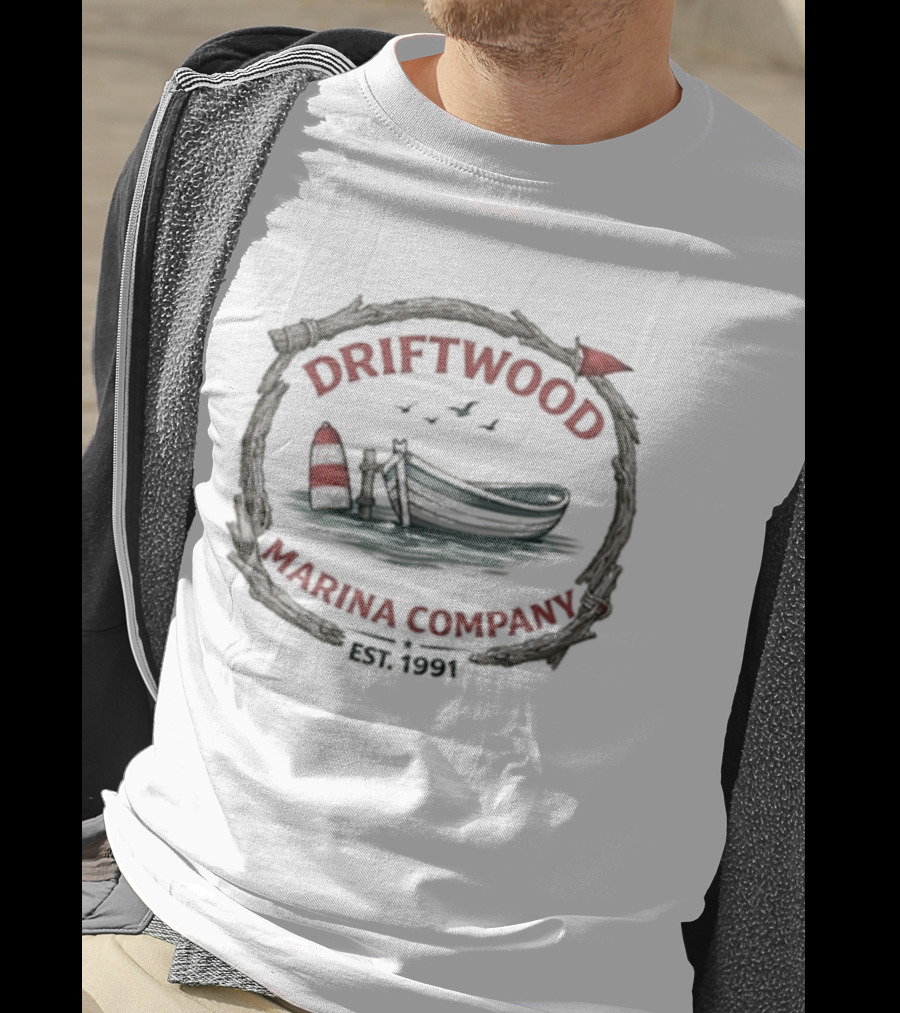 Driftwood Marina Company Est 1991 Nautical Boat Seaside Scene T-Shirt