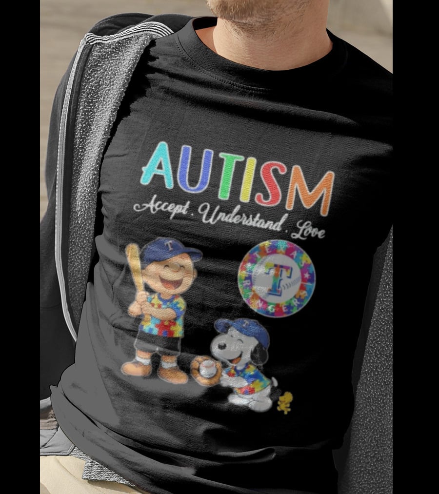 Peanuts Texas Rangers Autism Accept Understand Love Charlie Brown Snoopy T-Shirt