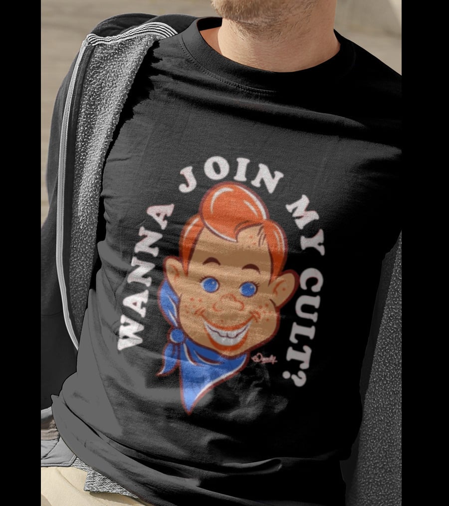 Woody Wanna Join My Cult Retro Style Cartoon Face And Blue Bandana T-Shirt