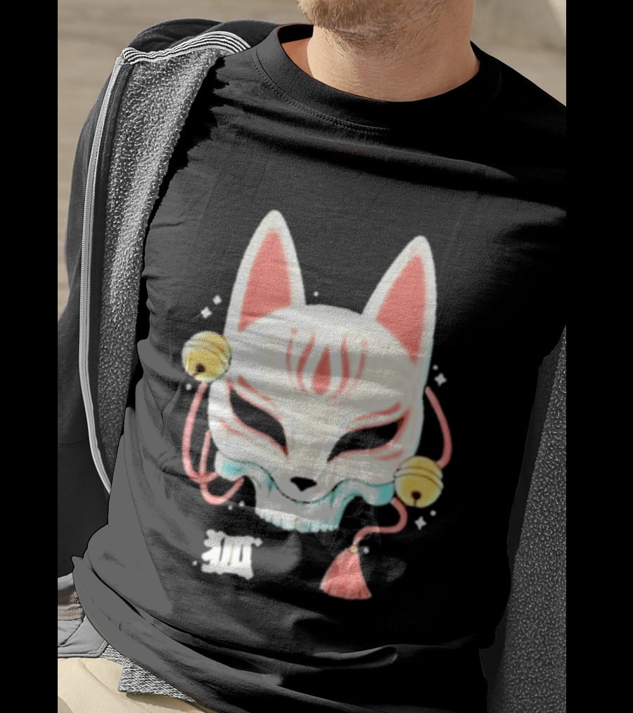 Lonely Club Kitsune Skull Mask With Bells And Kanji T-Shirt