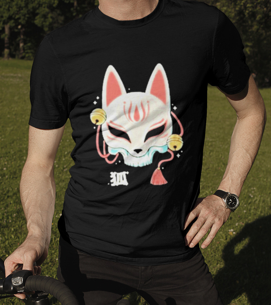 Lonely Club Kitsune Skull Mask With Bells And Kanji T-Shirt