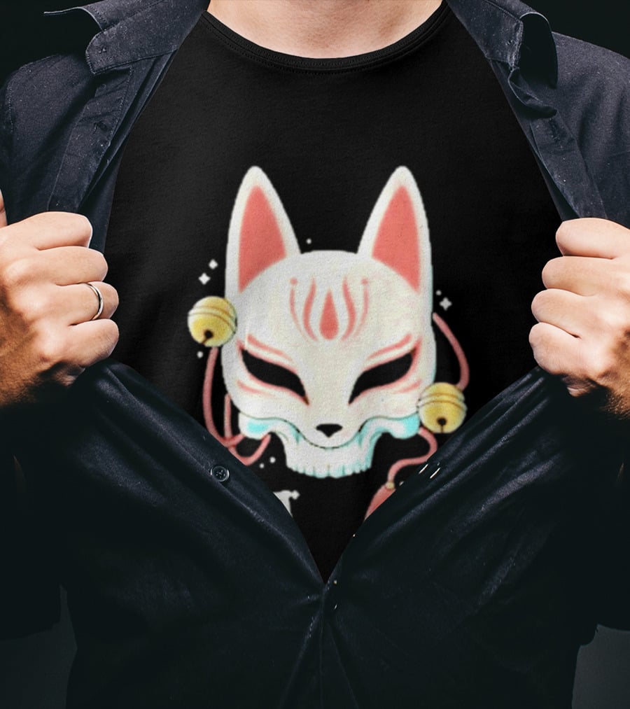 Lonely Club Kitsune Skull Mask With Bells And Kanji T-Shirt
