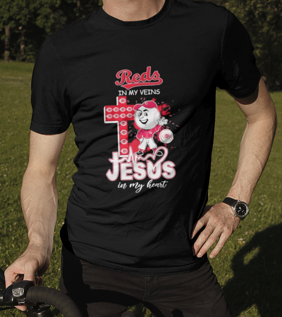 Reds In My Veins Jesus In My Heart Baseball Cross T-Shirt