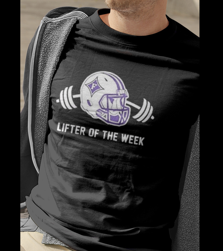 Furman Paladins Lifter Of The Week Helmet Logo With Weights T-Shirt