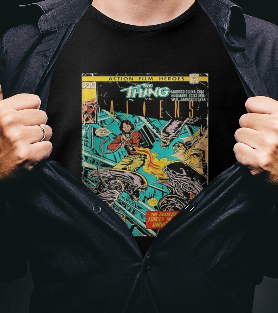 The Thing Vs Aliens MacReady Action Film Heroes Comic The Deadliest Forces In The Universe T-Shirt