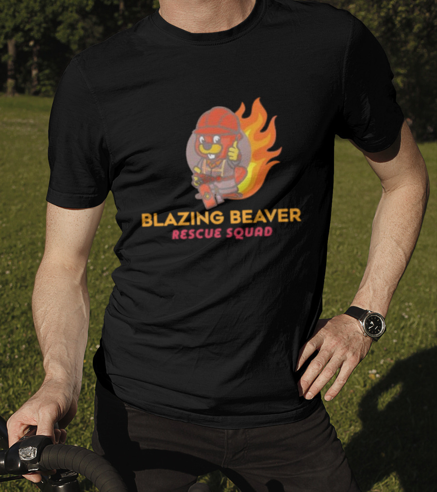 Blazing Beaver Rescue Squad Firefighter Cartoon With Flames T-Shirt