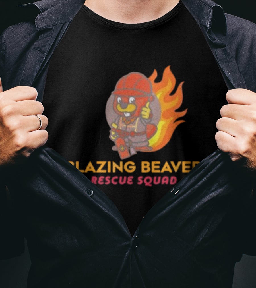 Blazing Beaver Rescue Squad Firefighter Cartoon With Flames T-Shirt