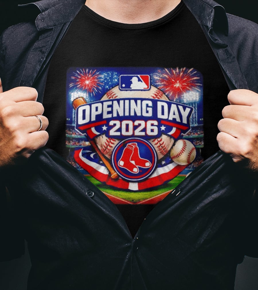 Boston Red Sox MLB Opening Day 2026 Baseball Season Fireworks Stadium T-Shirt