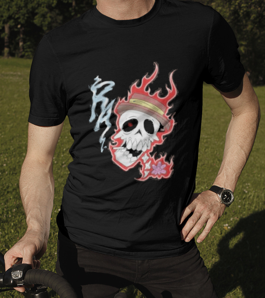 Rare Americans Skull With Flames And Hat Flower T-Shirt
