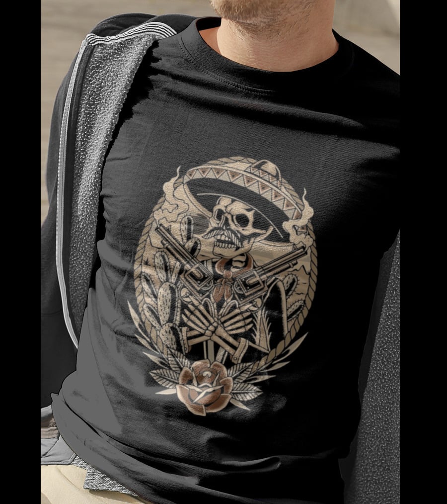 Deathsperado Skeleton Cowboy With Guns Roses And Dollar Signs Black T-Shirt