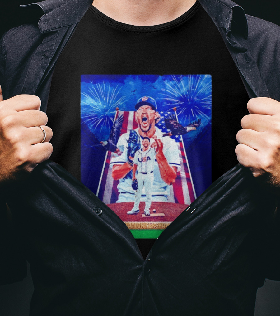 Clayton Kershaw USA Baseball Patriotic Celebration With Eagles And Fireworks T-Shirt