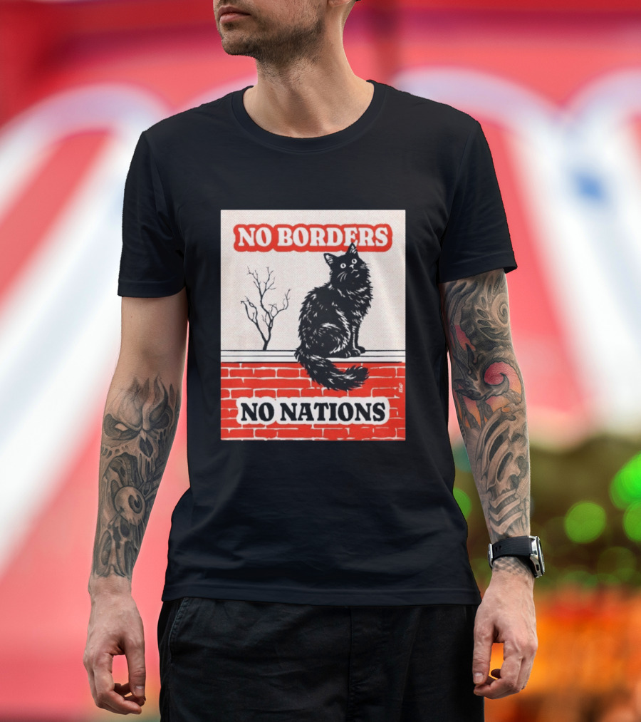 No Borders No Nations Cat Black Feline on Brick Wall T-Shirt