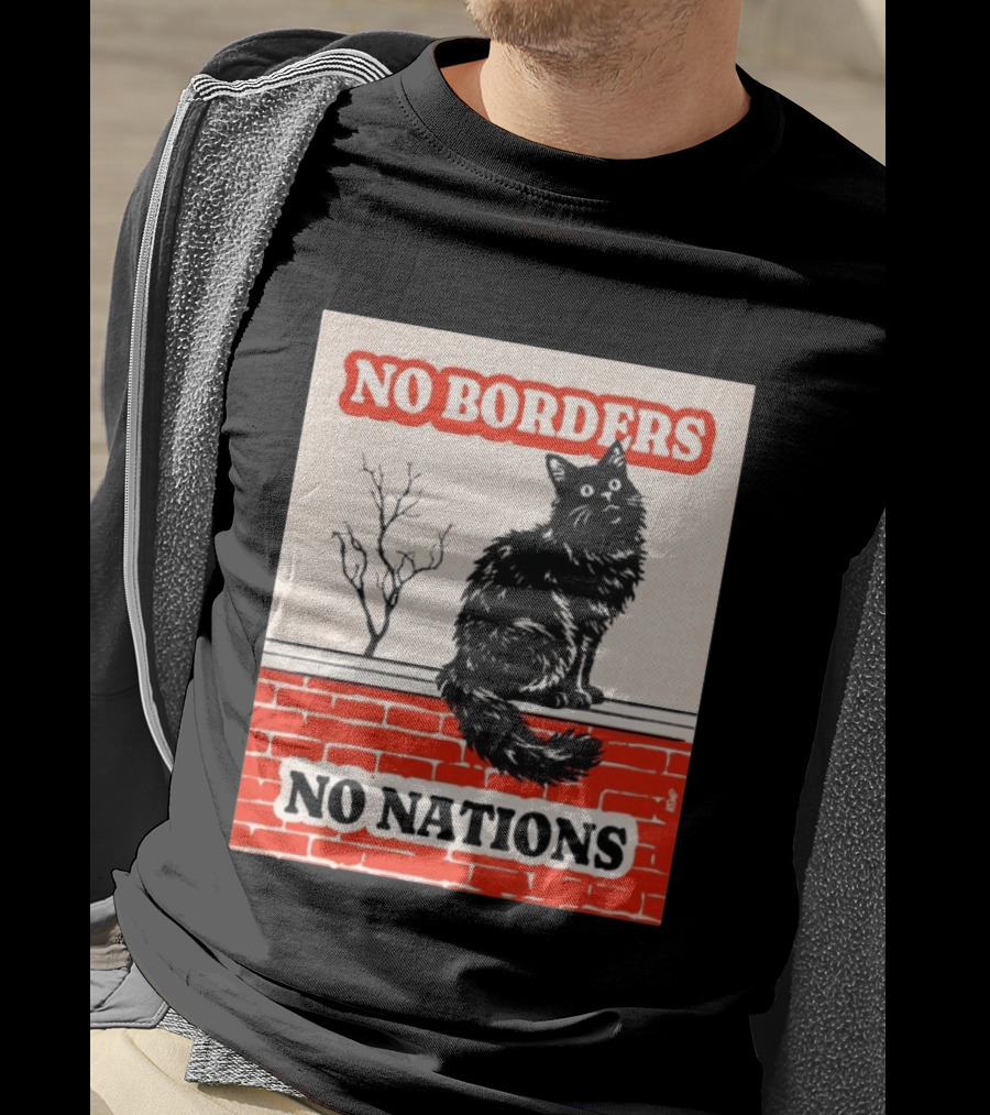 No Borders No Nations Cat Black Feline On Brick Wall T-Shirt
