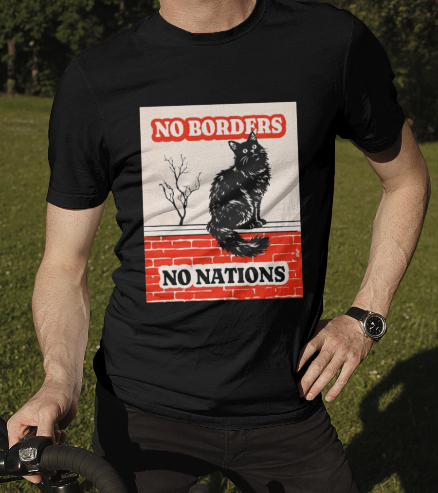 No Borders No Nations Cat Black Feline On Brick Wall T-Shirt