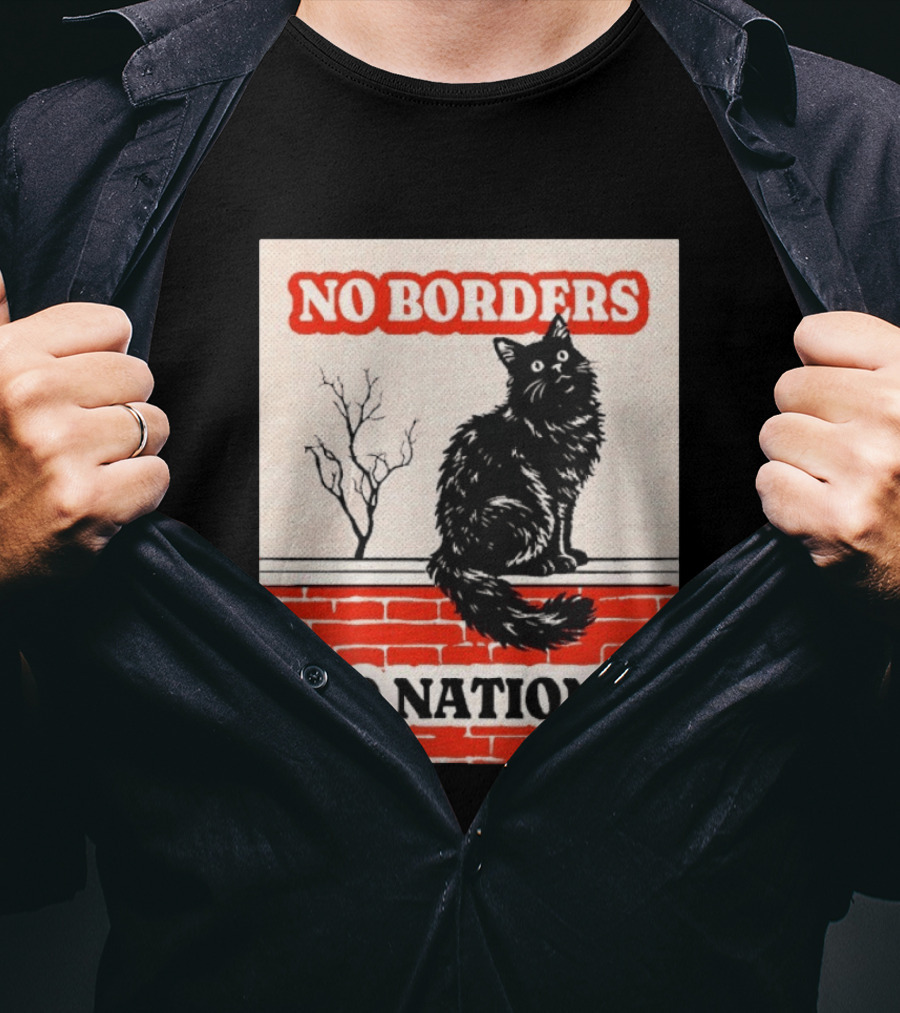 No Borders No Nations Cat Black Feline On Brick Wall T-Shirt