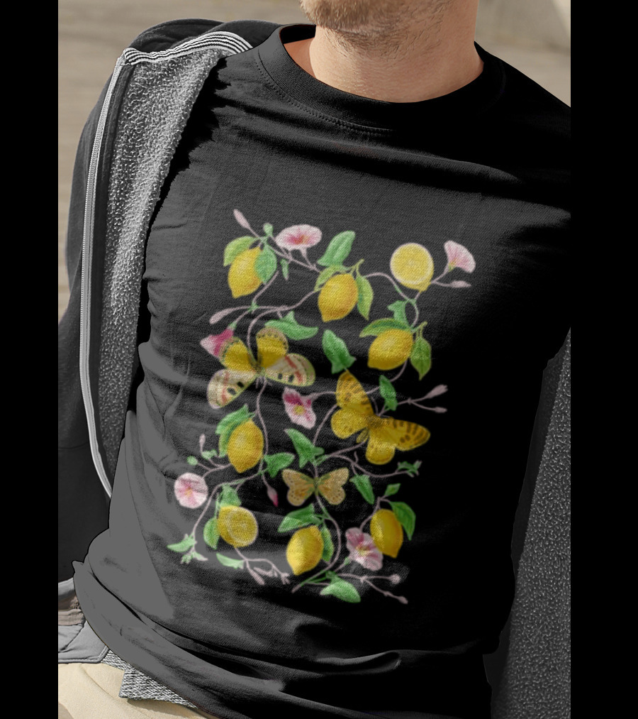 Botanical Lemon Butterfly Pink Flowers And Green Leaves T-Shirt