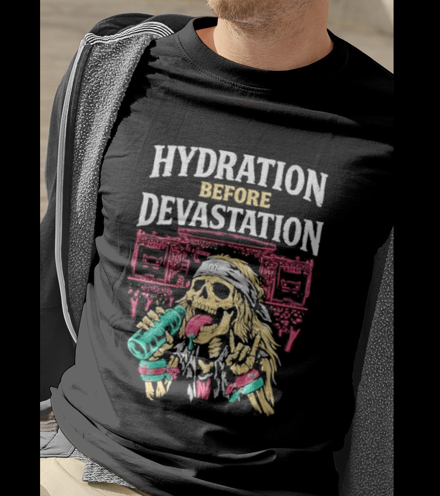 Hydration Before Devastation Skeleton Drinking Water And Boombox T-Shirt