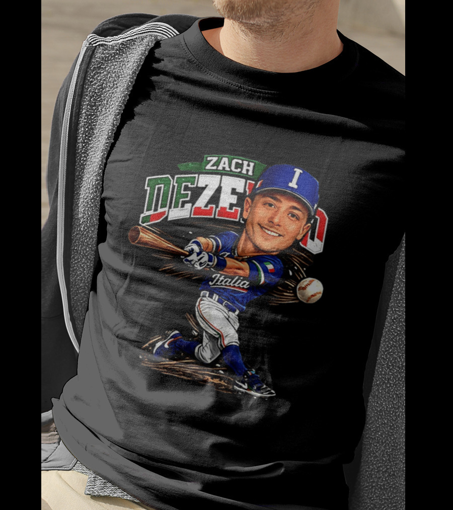 Zach Dezenzo Italia Baseball Classic Caricature Swinging Batter T-Shirt