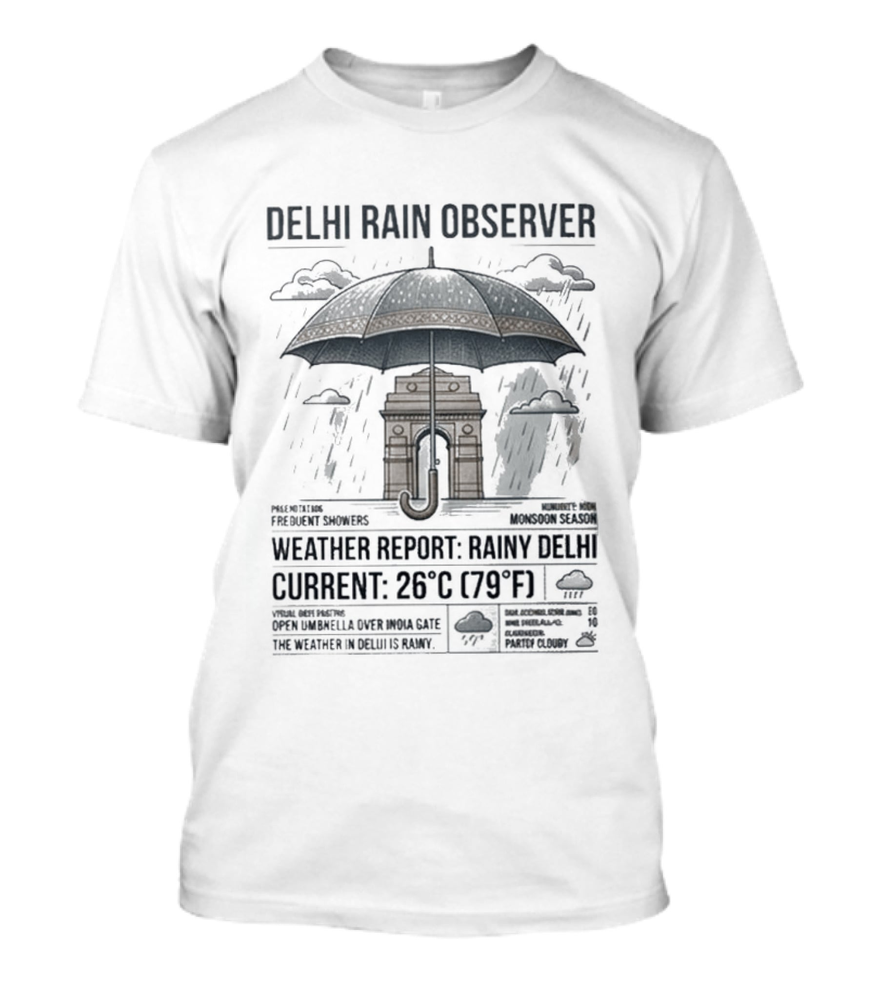 Delhi Rain Observer Current Weather Report Rainy 26°C (79°F) T-Shirt