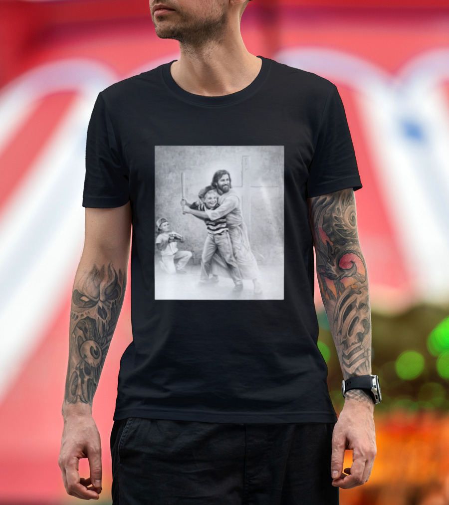 Jesus As A Coach With Children Playing Baseball In Front Of A Cross T-Shirt