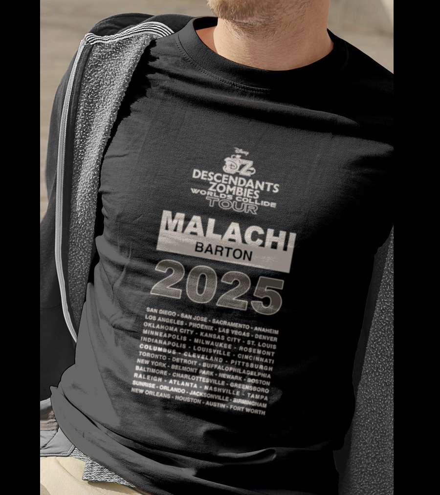 Descendants Zombies Worlds Collide Tour Malachi Barton 2025 City List T-Shirt