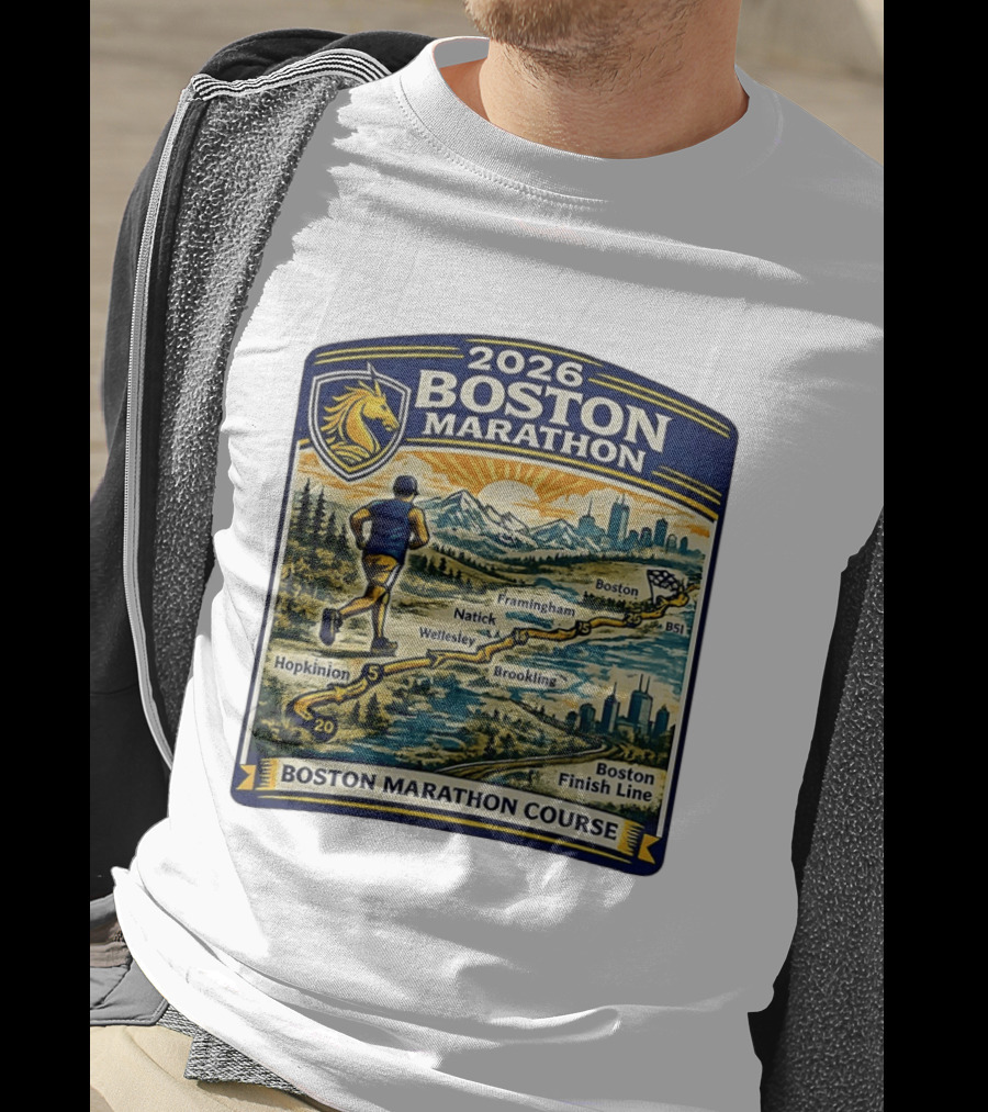 2026 Boston Marathon Course Hopkinton Framingham Natick Wellesley Brookline Finish Line T-Shirt