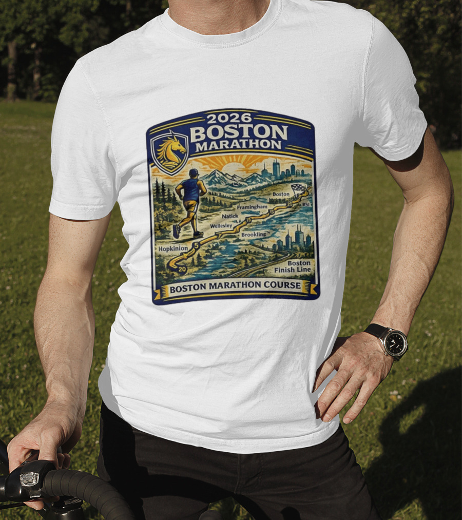 2026 Boston Marathon Course Hopkinton Framingham Natick Wellesley Brookline Finish Line T-Shirt