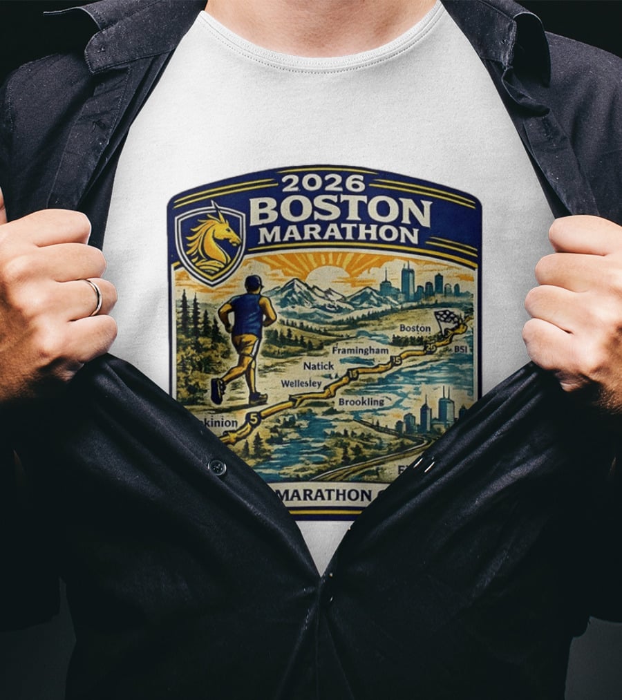 2026 Boston Marathon Course Hopkinton Framingham Natick Wellesley Brookline Finish Line T-Shirt