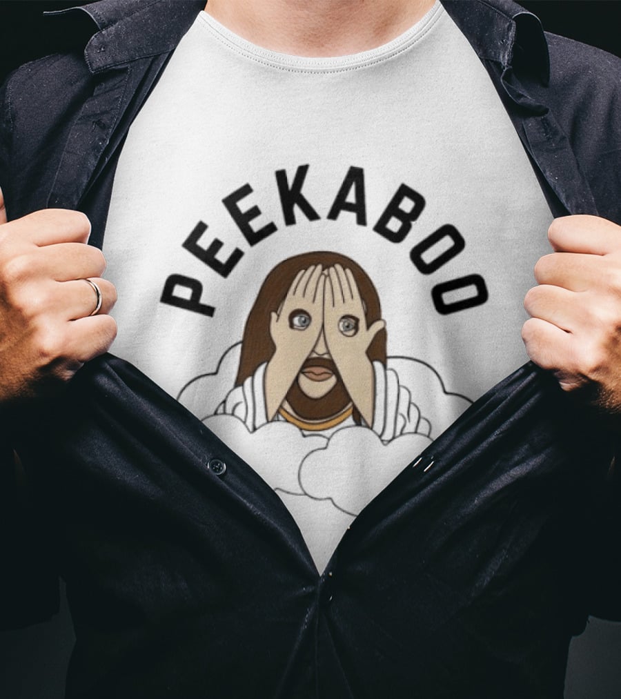 PEEKABOO Jesus Cartoon Clouds Playful Hands Covering Eyes T-Shirt