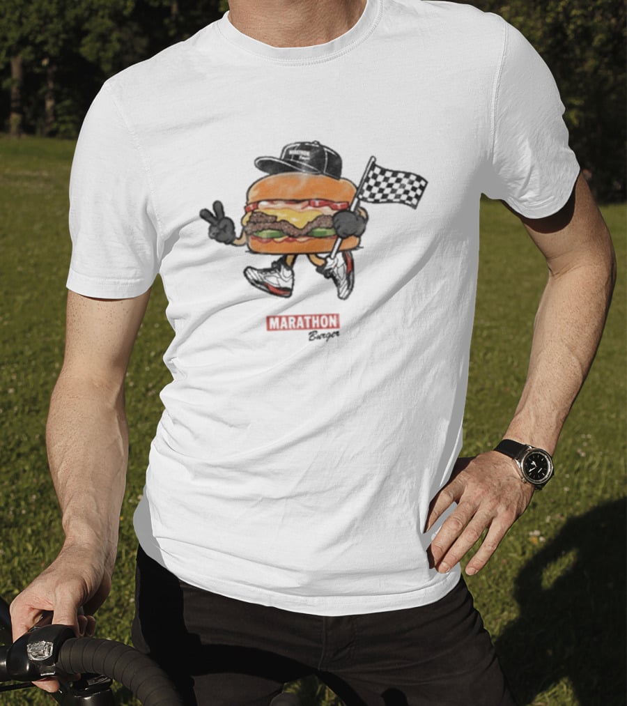 Marathon Burger Cartoon Racing With Peace Sign And Checkered Flag T-Shirt