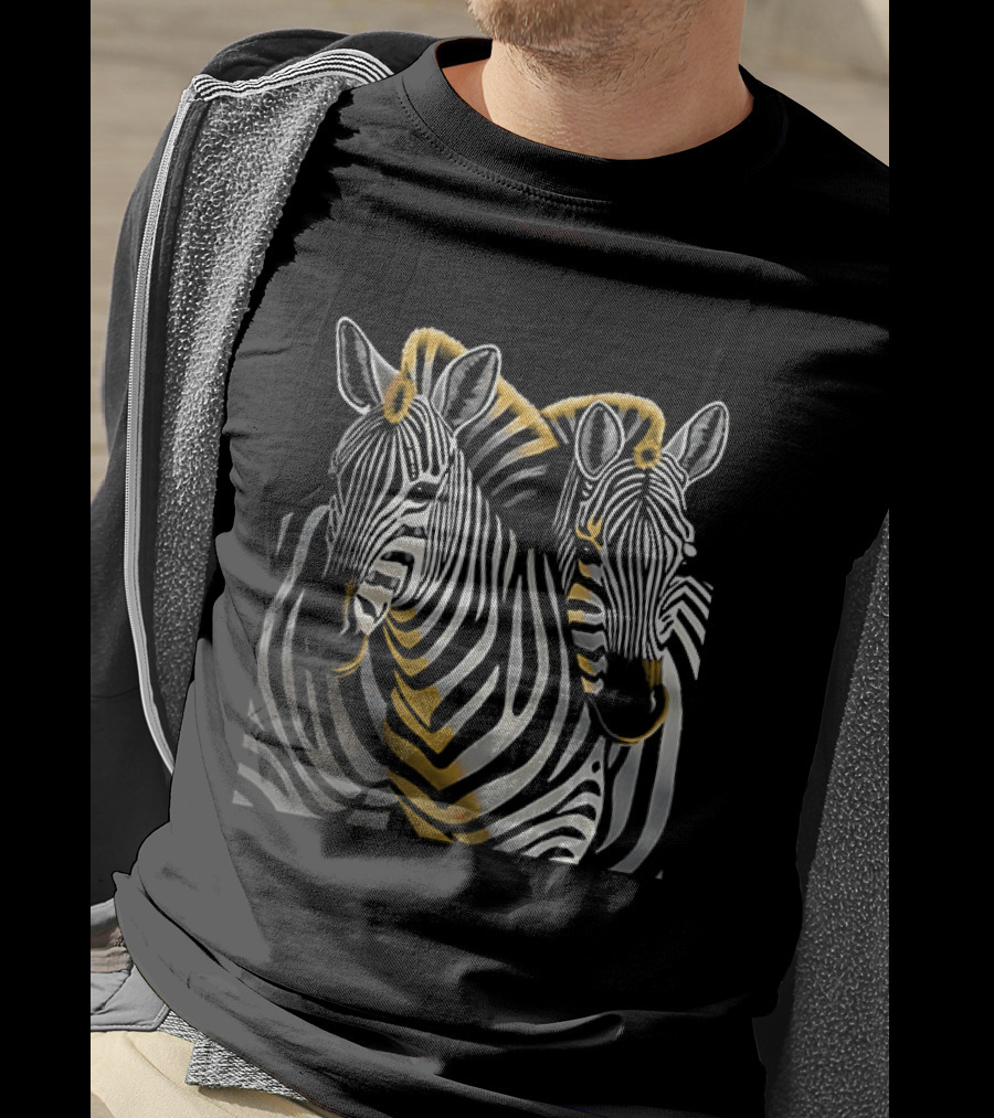 The Couple Of Zebras Striped Duo Art With Golden Highlights T-Shirt