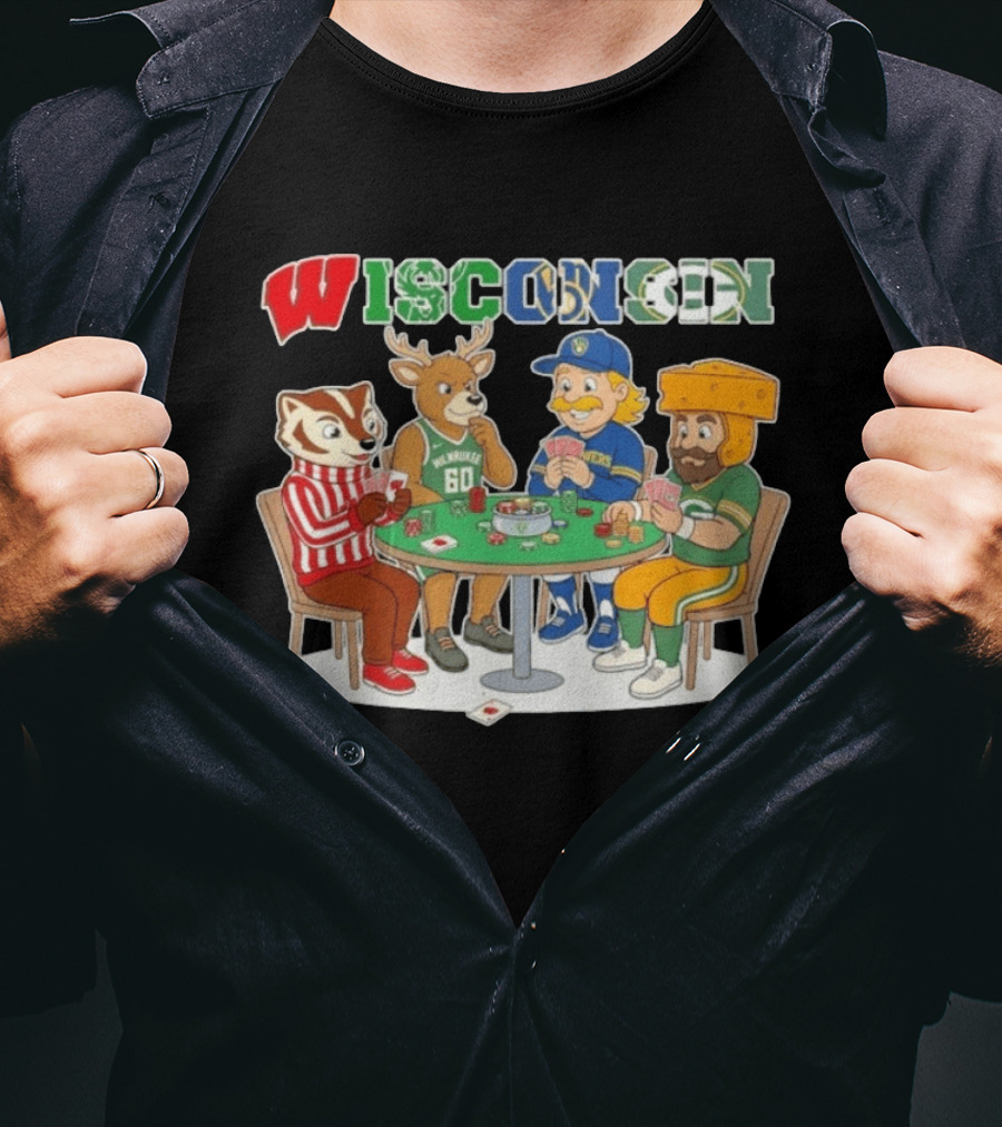 Wisconsin Sports Mascots Playing Poker With Packers Brewers And Bucks Themes T-Shirt