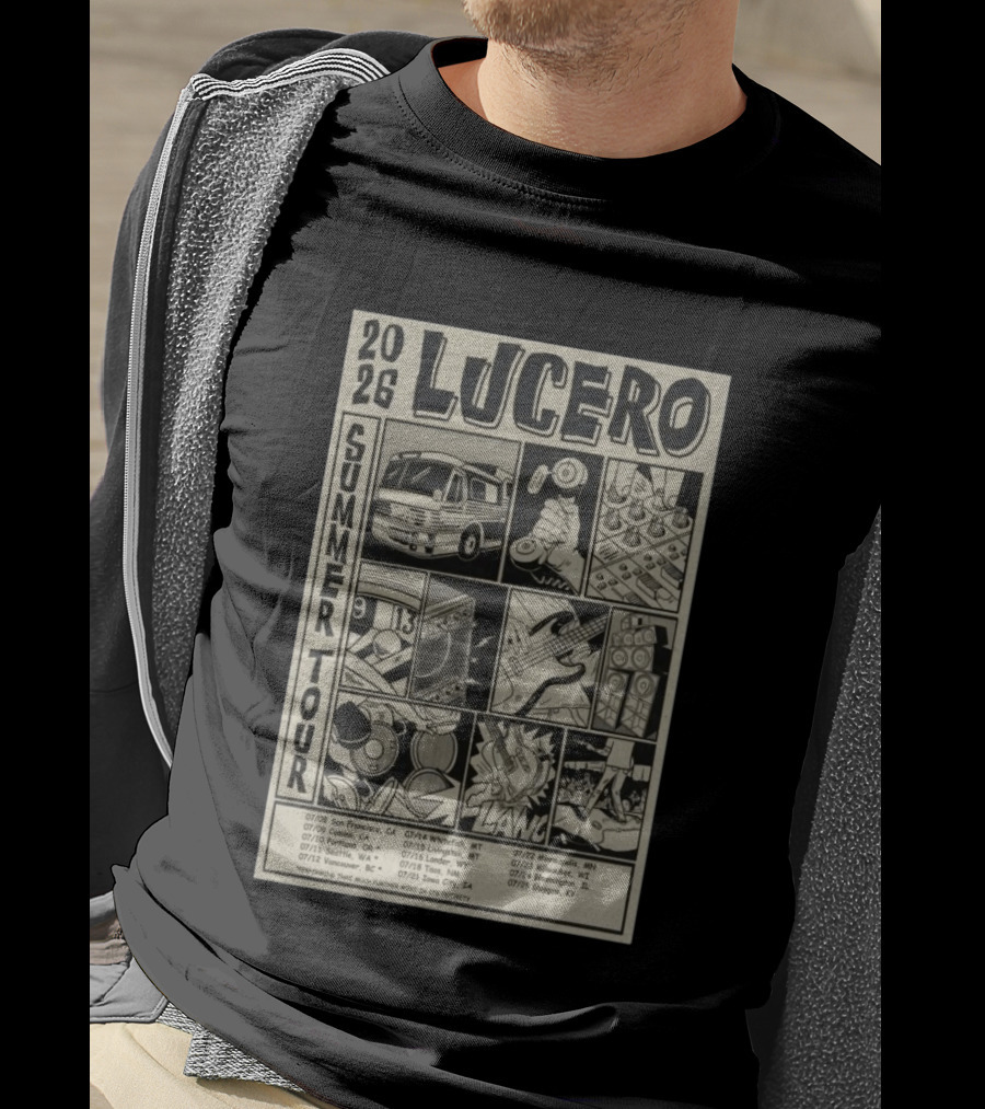 2026 Lucero Summer Tour Dates Featuring Vintage Comic Style With Iconic Band Imagery And Tour Stops T-Shirt