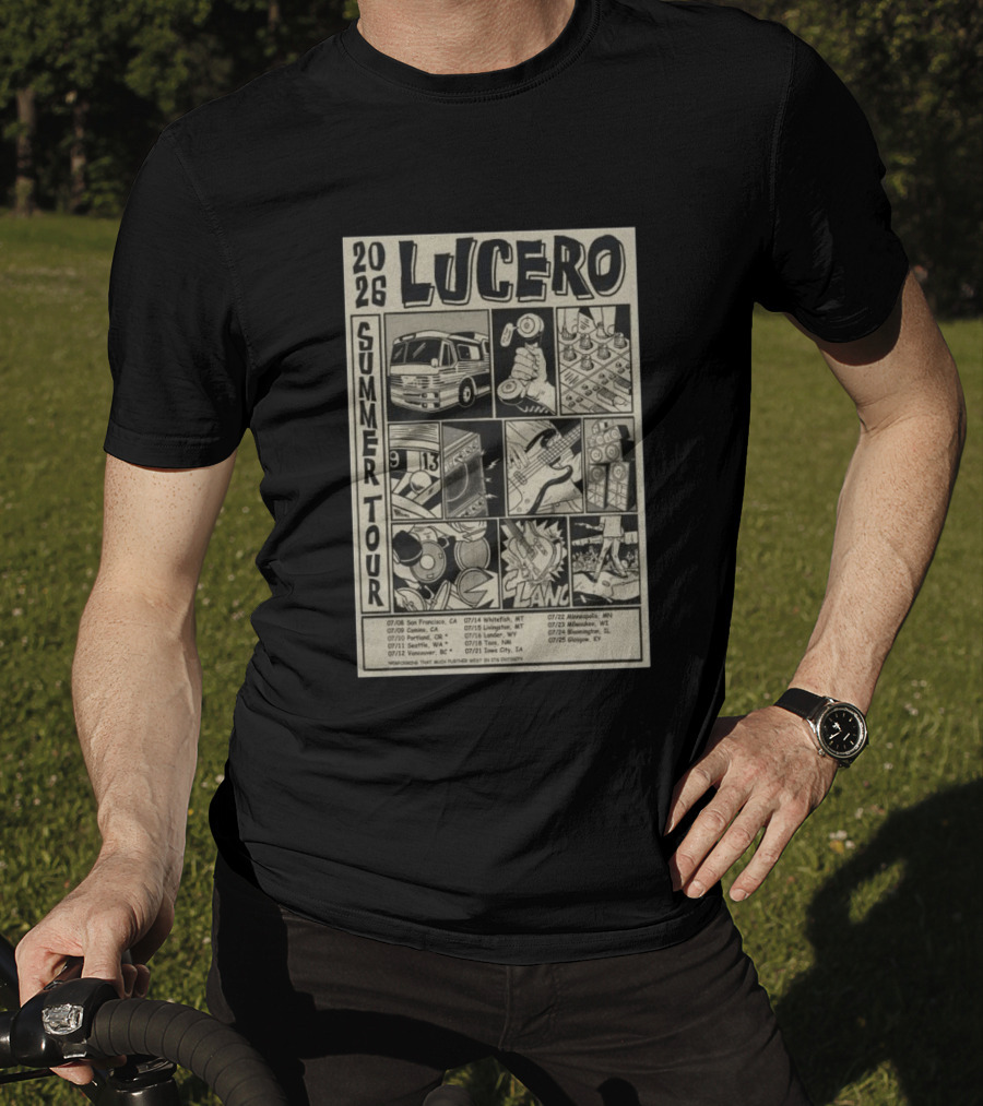 2026 Lucero Summer Tour Dates Featuring Vintage Comic Style With Iconic Band Imagery And Tour Stops T-Shirt