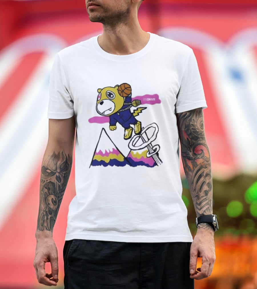 Dnvr Flying Basketball Mascot In Colorful Mountain Scene With Bicycle And Lightning T-Shirt
