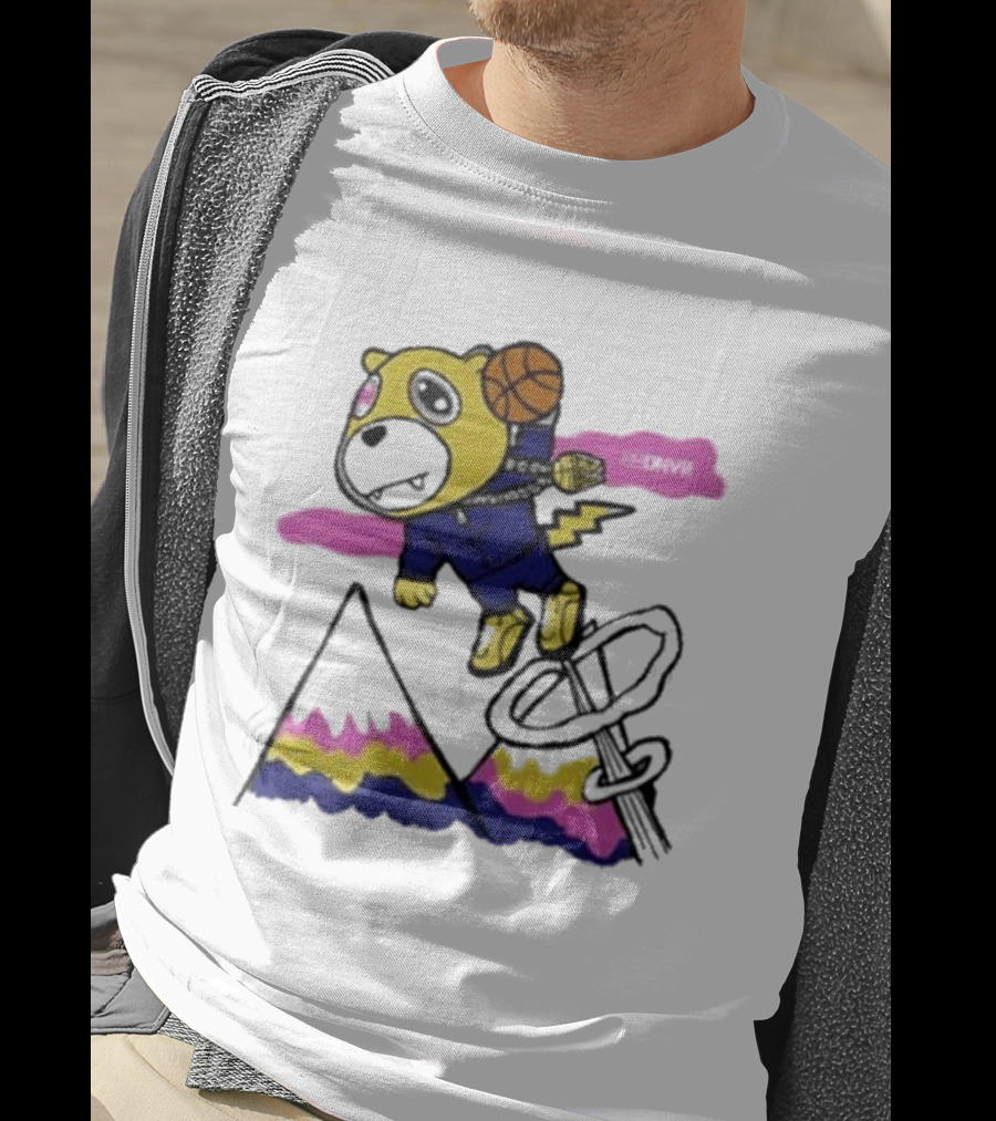 Dnvr Flying Basketball Mascot In Colorful Mountain Scene With Bicycle And Lightning T-Shirt