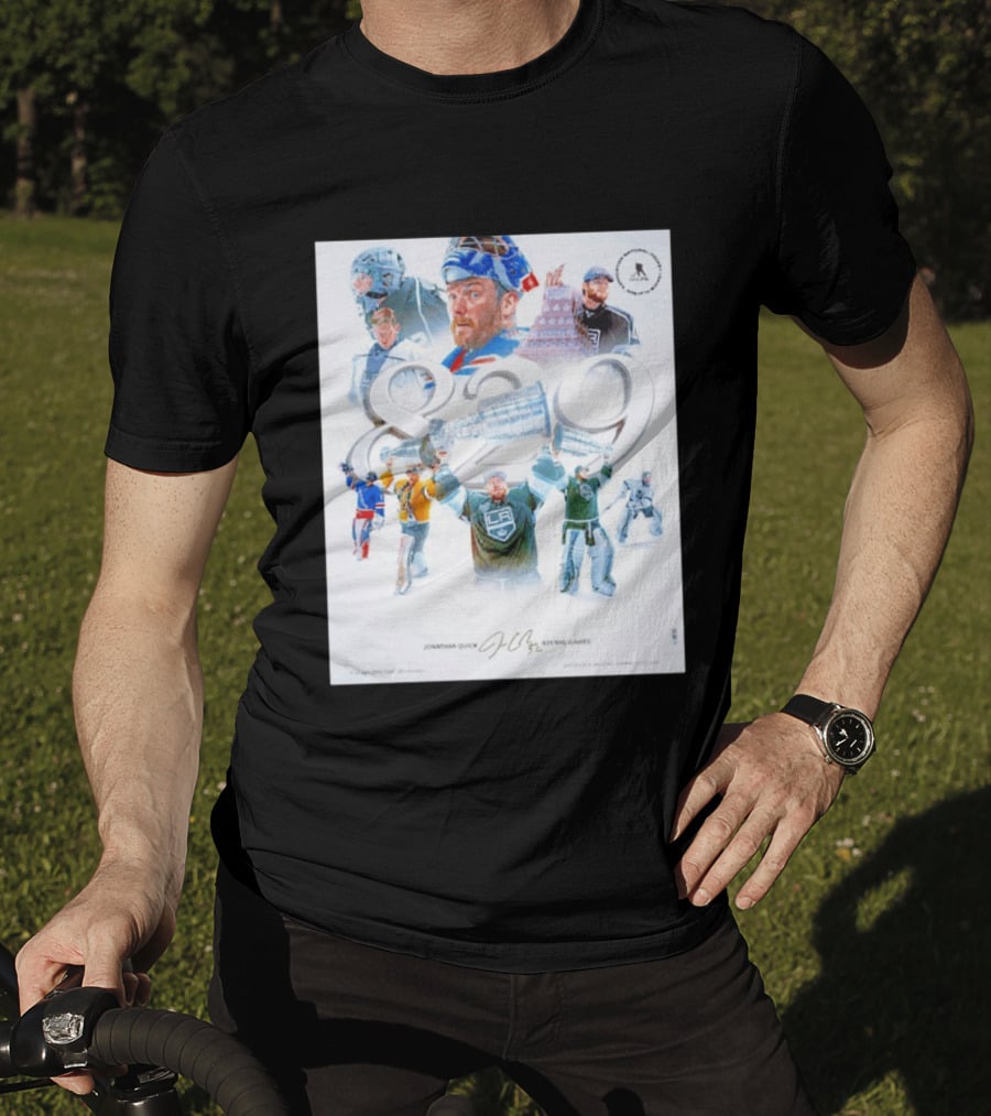 Jonathan Quick 829 NHL Games Collage With Stanley Cup Images T-Shirt