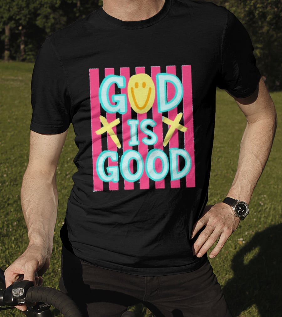 God Is Good Smiley Face Crosses Pink Stripes T-Shirt