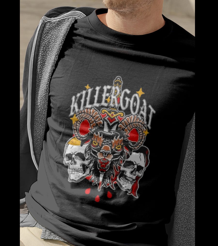 Killer Goat Skull Blood Drops And Horned Beast With Skulls And Sword T-Shirt