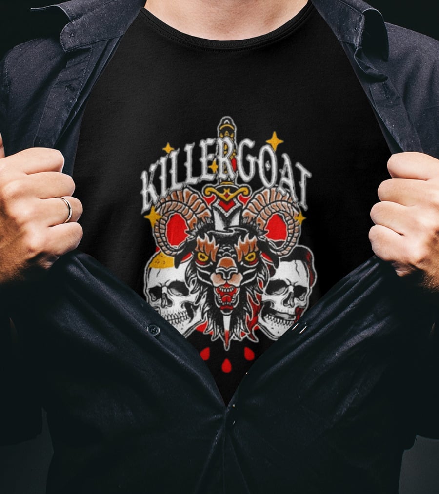 Killer Goat Skull Blood Drops And Horned Beast With Skulls And Sword T-Shirt